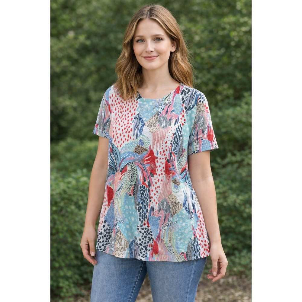 Atelier 5 Short Sleeve Top Women S Multi-Color Abstract Print High-Low Knit
